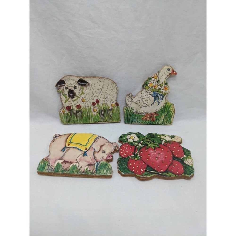 Vintage Wooden Handmade Magnets Pig Strawberries Duck Sheep Diane Voventzie 4"